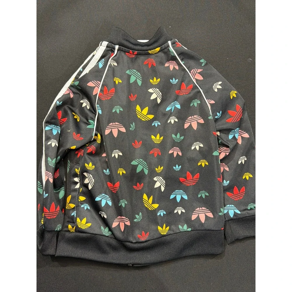 Adidas‎ Track Jacket Girls 2T Black Multicolor Trefoil Monogram Athleisure EUC